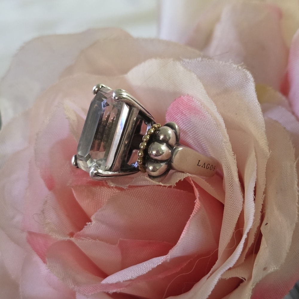 LAGOS Caviar Signature Ring Glacier Very Large Emerald Cut White Topaz Ring 18k - Picture 6 of 12